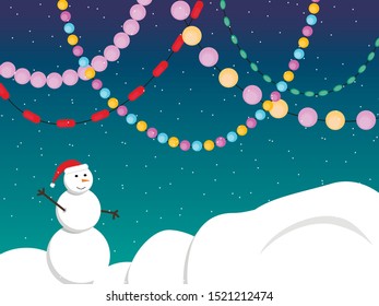 Christmas illustration with colorful garlands, white stars, snowbanks and cute friendly snowman wearing christmas hat