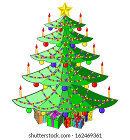 Christmas illustration with colorful christmas tree and gifts. Vector