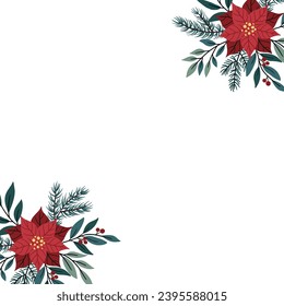
Christmas illustration with a composition of pounsetia, fir branches and red berries. Can be used to print on fabric, paper, cards, posters and more.