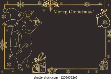 Christmas illustration - congratulations, with the character. Linear golden pattern. Christmas pig with a Christmas tree.