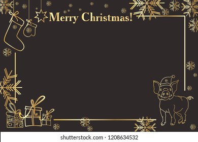 Christmas illustration - congratulations, with the character. Linear golden pattern. Christmas pig with a Christmas tree.
