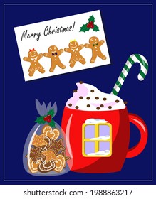 Christmas illustration with cookies in a package and a cup of cocoa. Vector drawing on a blue background. For creating decor in the interior, shops, printing prints, cards, invitations, banners and