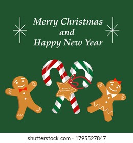 Christmas illustration with cookies and sweet candy cane. Gingerbread men. Vector drawing on a green background. For decoration, postcards, shops, gifts. 