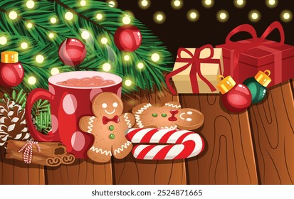 Christmas Illustration with Copyspace. Hot Chocolate Mug, Gingerbread Cookies, Candy Cane, Cinnamon Sticks, Pinecone, Gifts and Tree Branches Decorated with Ornaments and Fairy Lights on Wooden Table