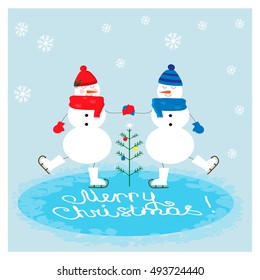 Christmas illustration of a couple in love cute snowmen and snow-woman