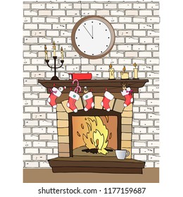 Christmas illustration with a cozy fireplace on the background of bricks, you can use for book illustration, napkins, posters and other works on the theme of the New Year