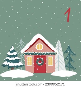 Weihnachtsillustration mit gemütlichem Haus, Bäumen und Zahlen für Adventskalender