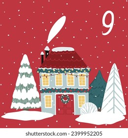 
Christmas illustration with cozy house, trees and numbers for advent calendar