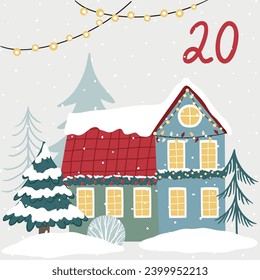 
Weihnachtsillustration mit gemütlichem Haus, Bäumen und Zahlen für Adventskalender