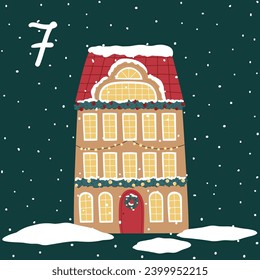 Christmas illustration with cozy house, trees and numbers for advent calendar