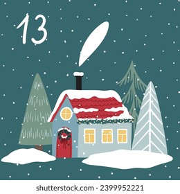 Weihnachtsillustration mit gemütlichem Haus, Bäumen und Zahlen für Adventskalender