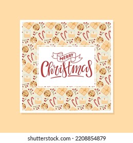 Christmas illustration with cozy Winter elements and calligraphy lettering Merry Christmas. Winter Season greeting poster. Flat vector card with cookie, berries, candy cone and candle