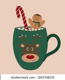 Christmas illustration with a cup of cocoa and marshmallows decorated with caramel candy and gingerbread man. A cute deer is drawn on the cup.