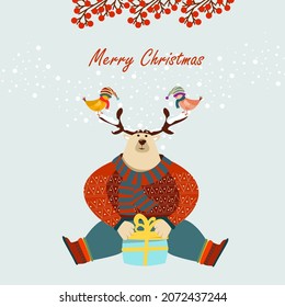 Christmas illustration with cute bear and winter landscape