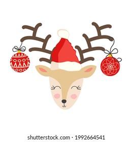 Christmas illustration with cute cartoon deer in doodle style in a santa hat with balloons on the horns