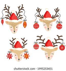 Christmas illustration with cute cartoon deer in doodle style in a santa hat with balloons on the horns