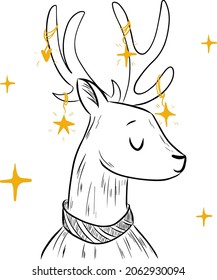 Christmas illustration with cute cartoon deer in doodle style. Vector image