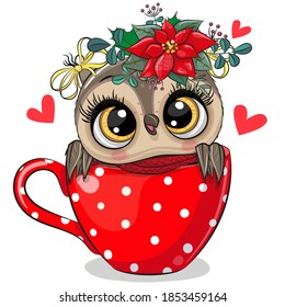 Christmas illustration Cute Cartoon owl is sitting in a red Cup