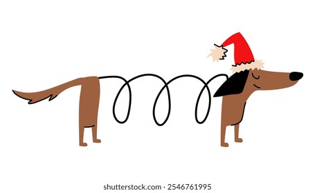 Christmas illustration of a cute dachshund wearing a red hat. Cute doodle dog. Winter holiday character.