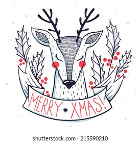 Christmas illustration of a cute deer with holly berries