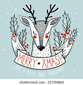 Christmas illustration of a cute deer with holly berries