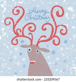 Christmas illustration with cute deer on snowflake grunge background 