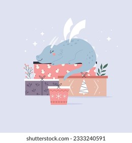 Christmas illustration of a cute dinosaur dreaming on a pile of gift boxes. Seasonal card with adorable animal character