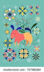 Christmas illustration with cute dog and snowflakes. Holiday greetings card design. Vector illustration. 