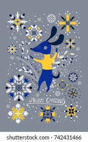 Christmas illustration with cute dogs and snowflakes. Merry Christmas card. Vector illustration. 