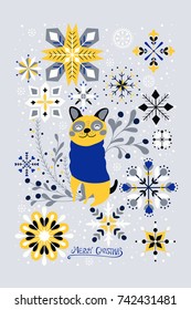 Christmas illustration with cute dogs and snowflakes. Merry Christmas card. Vector illustration. 