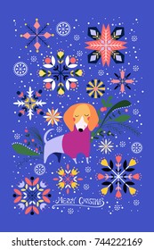 Christmas illustration with cute dogs and snowflakes. Merry Christmas card. Vector illustration. 