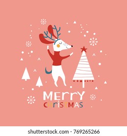 Christmas illustration with cute dogs and snowflakes. Merry Christmas card. Vector illustration. 