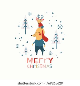 Christmas illustration with cute dogs, snowflakes and pine trees. Merry Christmas card. Vector illustration. 