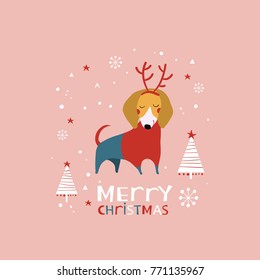 Christmas illustration with cute dogs and snowflakes. Merry Christmas card. Vector illustration. 