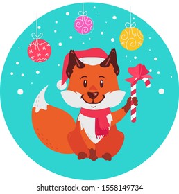 Christmas illustration, a cute fox in a Santa hat and scarf with a gift candy cane in a paw on a background of snow and three colored Christmas balls