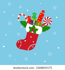 Christmas illustration with cute Holiday sock and holiday symbols - ribbons and snow. Stock vector illustration.