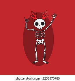 Christmas Illustration of a cute new year skeleton in a santa hat with horns, Merry Christmas illustrations