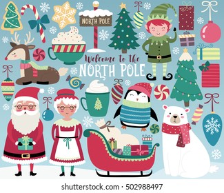 Christmas Illustration, Cute North Pole Vector Set, Santa and Cute Holiday Design Elements