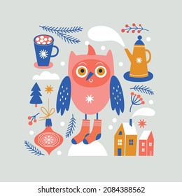 Christmas illustration. Cute Owl, Christmas tree, fir branches, houses  and  other design elements