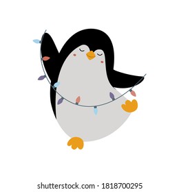 Christmas illustration, cute penguin with garland