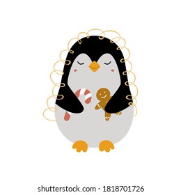 Christmas illustration, cute penguin with gingerbread man