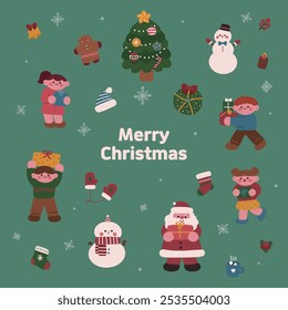 Weihnachtsgrafik mit süßen Menschen und Objekten