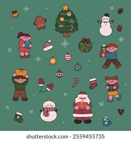 Christmas illustration with cute people and objects
