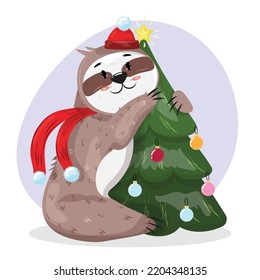 Christmas illustration with a cute sloth hugging the Christmas tree.