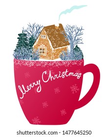 Christmas illustration with cute snow covered house, trees and mug.