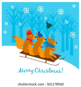 Christmas illustration with cute squirrels sledding down from a slope