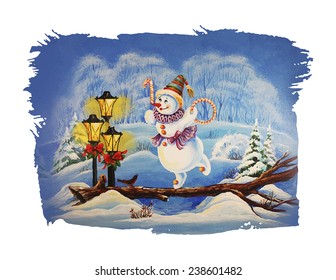 Christmas Illustration with cute winter characters.  Snowman clown. Snowman artist. Circus.