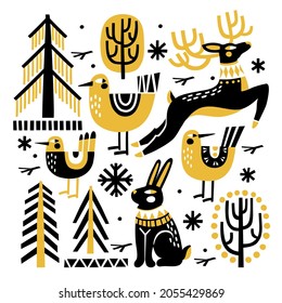 Christmas illustration with cute woodland animals, birds, woods and snowflakes isolated on white background.