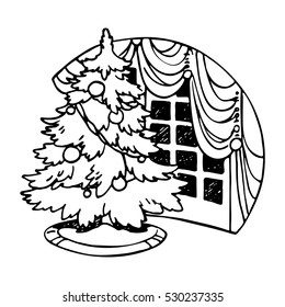 Christmas illustration with a decorated fir tree near a window; contour drawing.