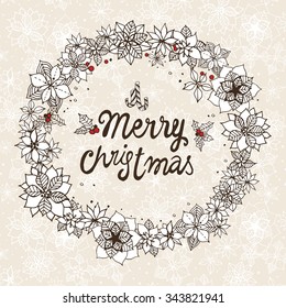 Christmas illustration with decorative flower garland decoration on a circle frame.
Merry Christmas hand lettering for Greeting Card. Line art in black on the patterned background.